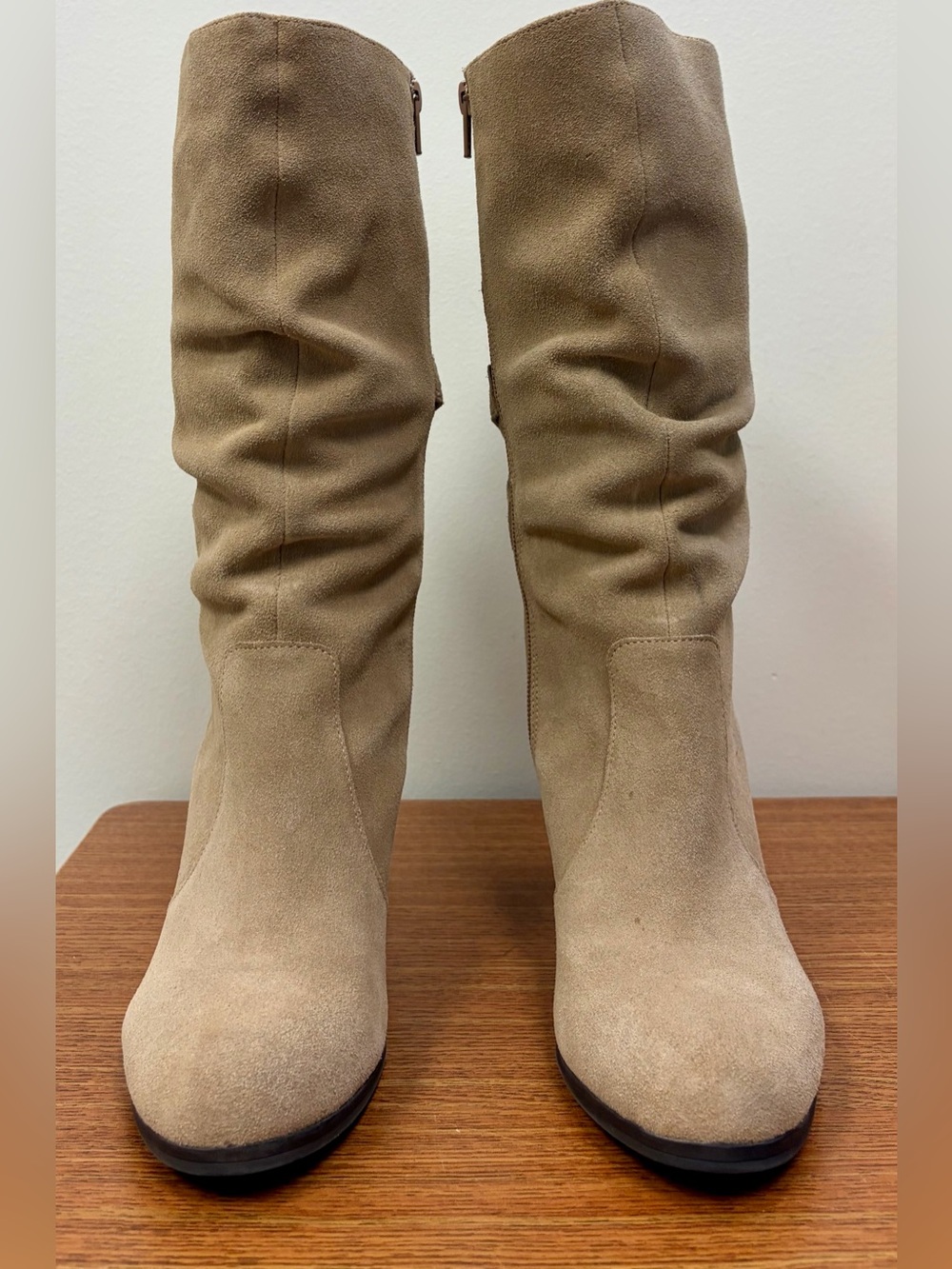 Kelly & Katie Vida Mid Calf Slouchy Leather Suede Heeled Boots Tan Round Toe 9 - Picture 5 of 16